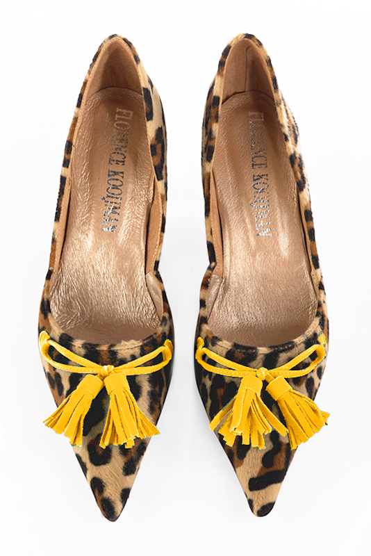 Safari black and yellow women's open arch dress pumps. Pointed toe. Very high slim heel. Top view - Florence KOOIJMAN